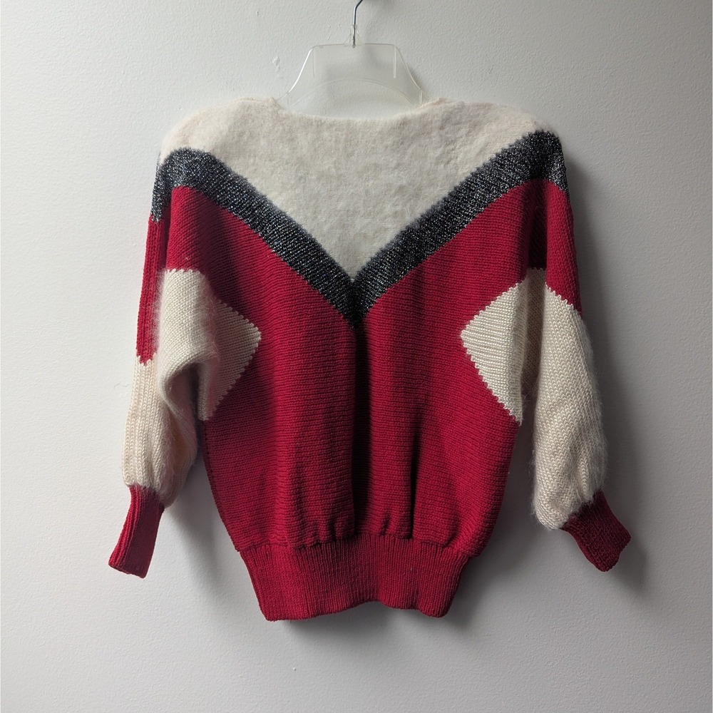 Vtg 80s Sweater Red Cream Metallic Chevron Colorblock Balloon Sleeve Fits XSP